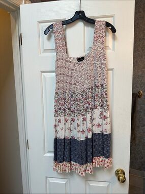Smocked Floral Mini Dress in Cream and Navy